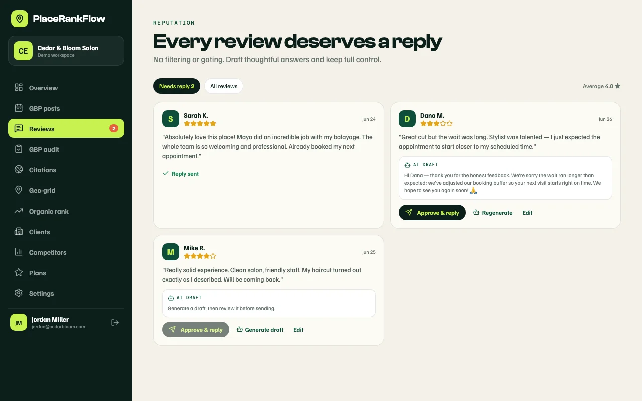 Review management — AI-drafted reply for 3-star review ready for approval, sent reply shown for 5-star review, no review gating