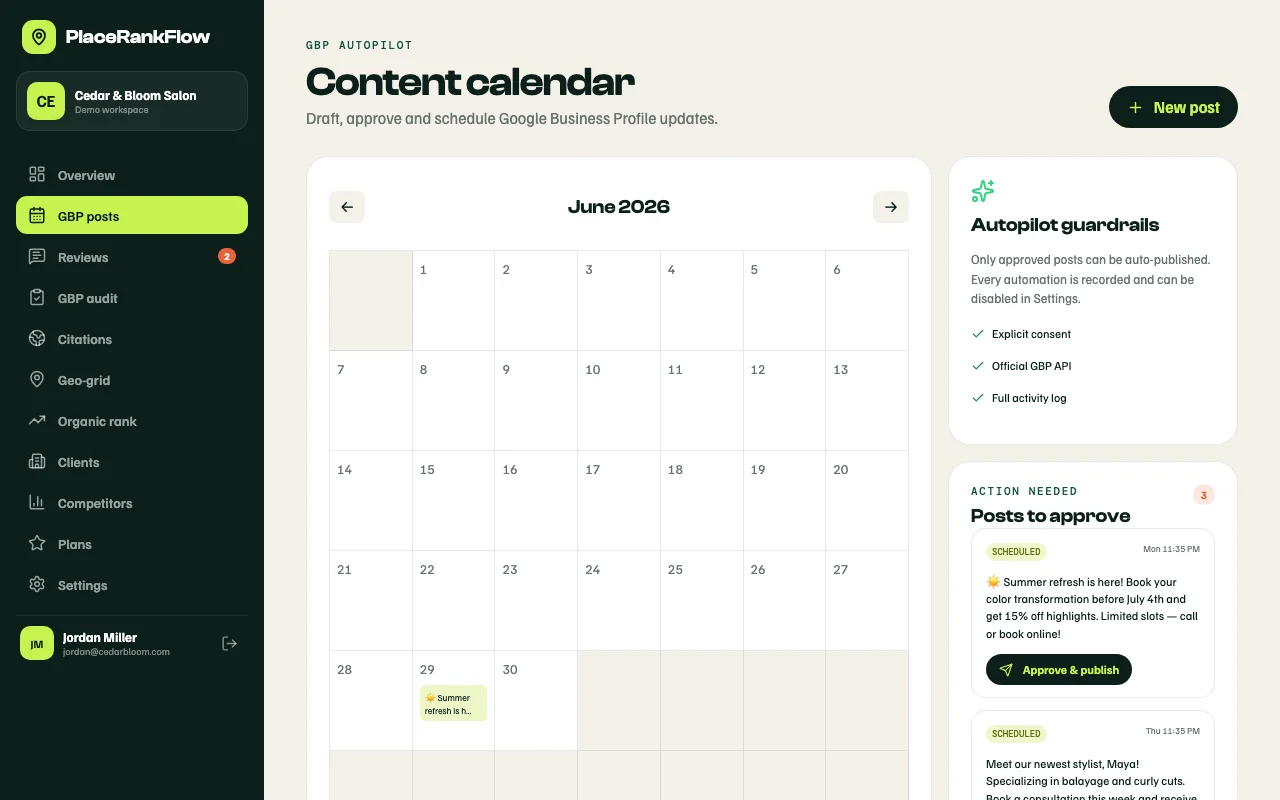 GBP content calendar — scheduled posts and draft posts for July, New post button, monthly grid layout